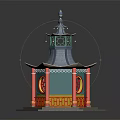 Traditional Chinese Pavilion With Multi Tiered Roof Red Pillars Round Window And Green Decorations