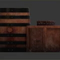Rustic Wooden Barrel And Crate With Small Tray On Gray Surface 3d model