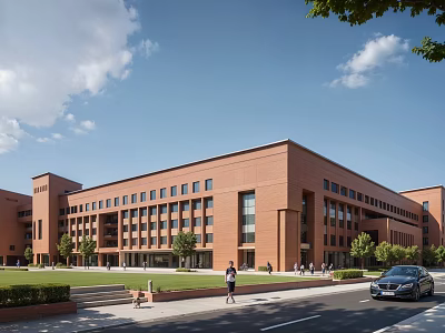 Modern Red Brick School Building With Large Windows Lawn And People Walking 3d model