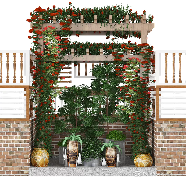 Ornamental Garden Elements Featuring Wooden Pergola Red Flowers Green Vines Potted Plants And Brick Walls 3d model 