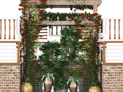 Ornamental Garden Elements Featuring Wooden Pergola Red Flowers Green Vines Potted Plants And Brick Walls 3d model