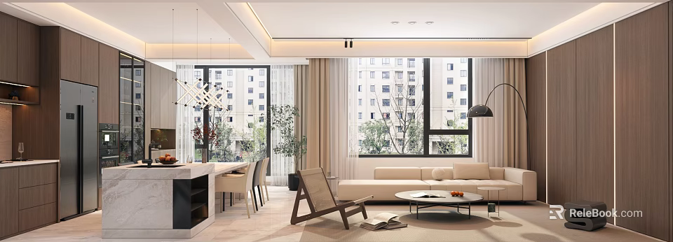 Bright Modern Integrated Dining And Living Room Interior With Large Floor To Ceiling Windows 3d model 