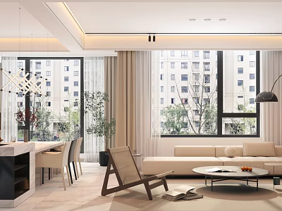 Bright Modern Integrated Dining And Living Room Interior With Large Floor To Ceiling Windows 3d model