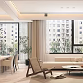 Bright Modern Integrated Dining And Living Room Interior With Large Floor To Ceiling Windows