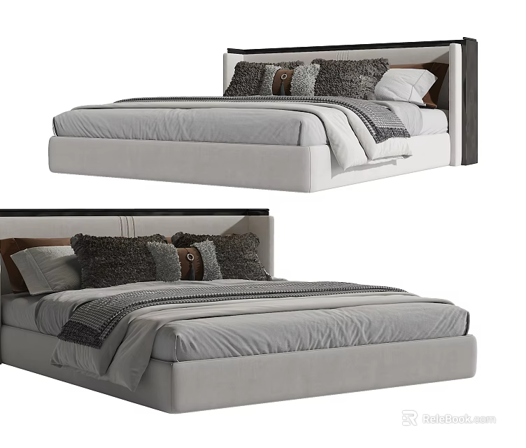 Modern Double Bed With Dark Headboard And Cozy Multiple Pillows Bedding 3d model
