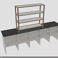 Wooden Frame Glass Shelf And White Frame Black Top Cabinet With Multiple Compartments