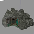 Rock Cave Structure With Green Interior And Wooden Frames Design