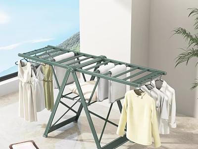 Green Foldable Clothes Drying Rack With Hanging Dresses And Shirts Indoor 3d model