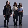 Three Women Standing Together In Black Pants Wearing Black Hoodie Beige Turtleneck Blue Shirt