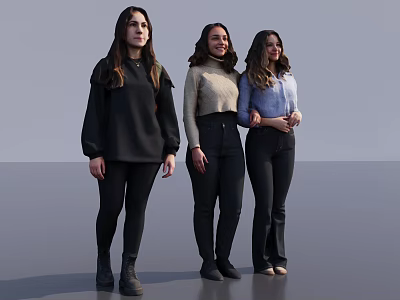 Three Women Standing Together In Black Pants Wearing Black Hoodie Beige Turtleneck Blue Shirt 3d model