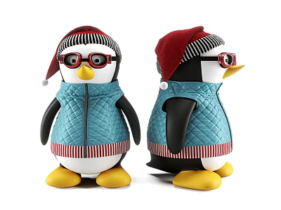 Cute Penguin Dolls With Red Hats Glasses Blue Outfits And Yellow Feet 3d model
