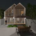 Modern Guesthouse Building With Sloped Roof Large Glass Windows Outdoor Terrace And Green Trees