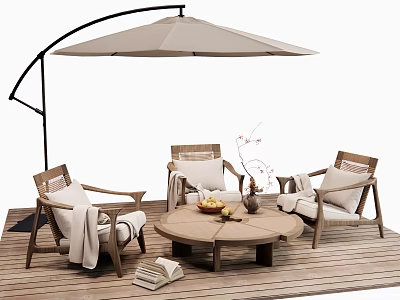 Comfortable Wooden Outdoor Chairs With Round Coffee Table And Patio Umbrella On Deck 3d model