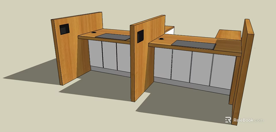 Wooden Office Desk Workstation With Partition Design Black Tabletop White Cabinet Doors 3d model 