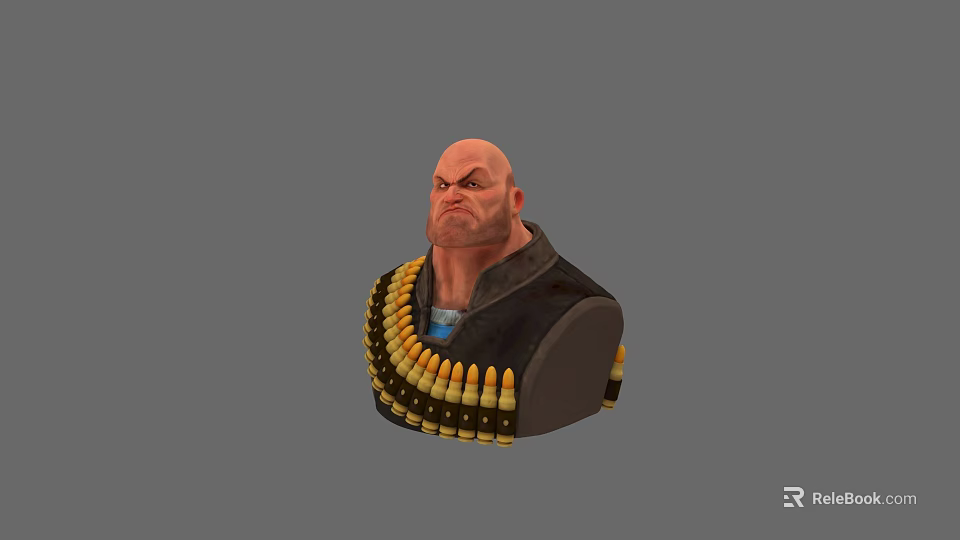 Detailed 3D Game Movie Character With Bald Head Stern Expression And Bullet Belt 3d model 