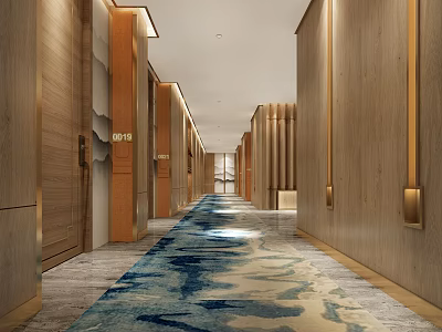 Modern Hotel Corridor With Wooden Walls Blue Patterned Carpet And Room Doors Lighting 3d model