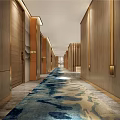 Modern Hotel Corridor With Wooden Walls Blue Patterned Carpet And Room Doors Lighting