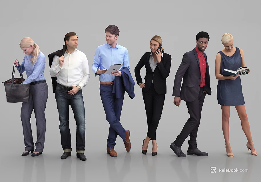 Group of Business Professionals in Professional Attire Walking and Holding Devices 3d model 