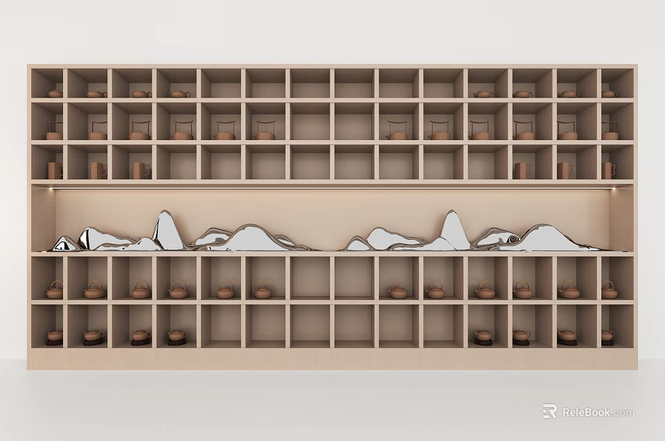 Minimalist Modern Bookcase Design With Multiple Open Shelves And Ceramic Decorative Items 3d model