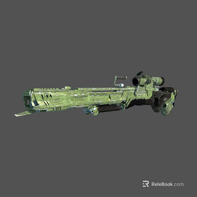 Green Military Weapon With Complex Design Sniper Scope And Mounting Bracket 3d model 