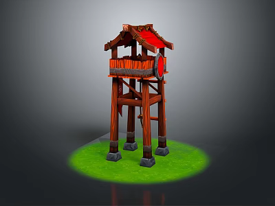 Traditional Wooden Tower Featuring Red Roof And Decorative Supporting Pillars On Green Ground 3d model