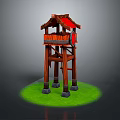 Traditional Wooden Tower Featuring Red Roof And Decorative Supporting Pillars On Green Ground