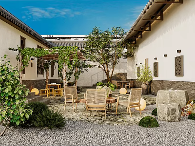 Traditional Chinese Courtyard Garden With Trees Vines Wooden Chairs Table And Pebble Stone Floor 3d model