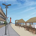 Coastal Architectural Area With Lighthouse Modern White Buildings And Outdoor Sun Umbrellas
