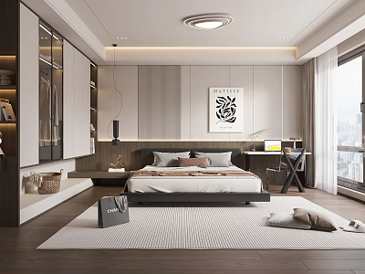 Modern Bedroom Interior Design With Large Bed Artwork Desk And Floor To Ceiling Window 3d model