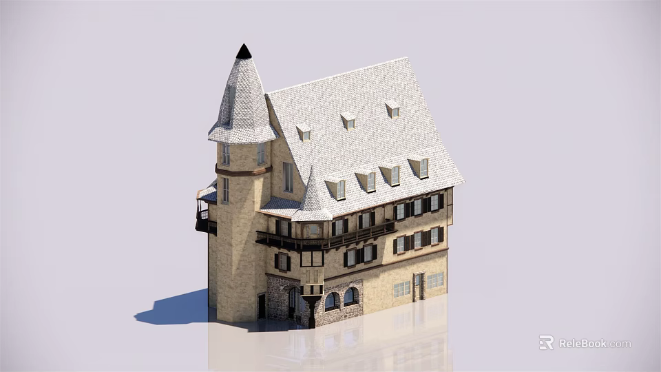 Traditional European Architecture Design With Tower Pointed Roof And Multiple Windows 3d model 