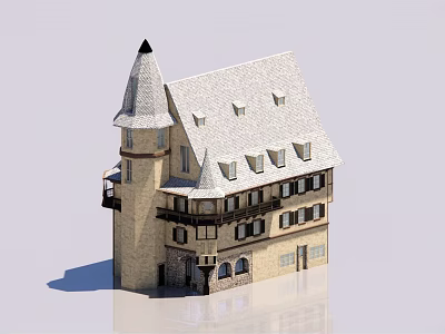 Traditional European Architecture Design With Tower Pointed Roof And Multiple Windows 3d model