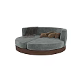 Gray Round Single Sofa with Wooden Base Brown Cushions and Soft Blanket
