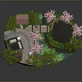 Vibrant Cartoon Scene With Cherry Blossom Trees Traditional Houses Small Bridge And Pond