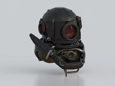 Vintage Black Diving Helmet With Red Lenses Metal Components And Knife 3d model