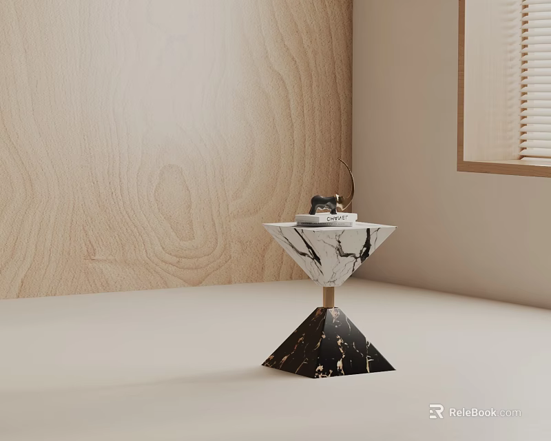 Triangular Side Table With Marble Top Black White Base Gold Connector Wooden Wall Window Setting 3d model 