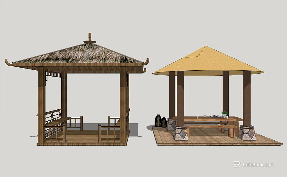 Traditional Wooden Pavilions With Thatch Roof And Yellow Canopy Outdoor Seating Areas 3d model 