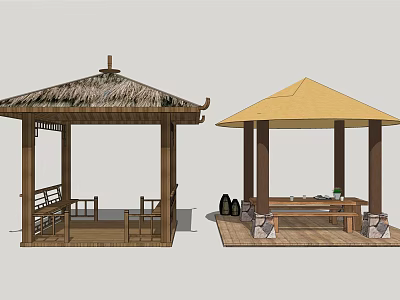 Traditional Wooden Pavilions With Thatch Roof And Yellow Canopy Outdoor Seating Areas 3d model