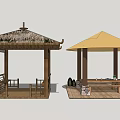 Traditional Wooden Pavilions With Thatch Roof And Yellow Canopy Outdoor Seating Areas