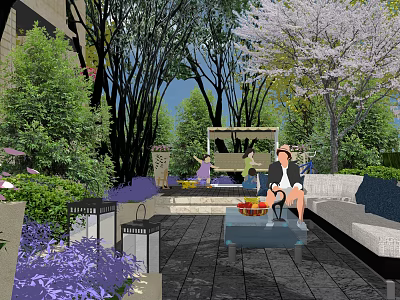 Tranquil Garden Landscape With Outdoor Sofa Coffee Table Lanterns Colorful Flowers And Tall Trees 3d model