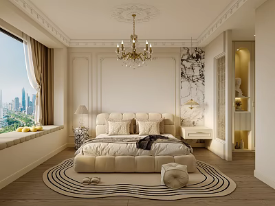 Modern Luxury Bedroom With Decorative Ceiling Molding Chandelier Beige Bed City View Rug And Nightstand 3d model