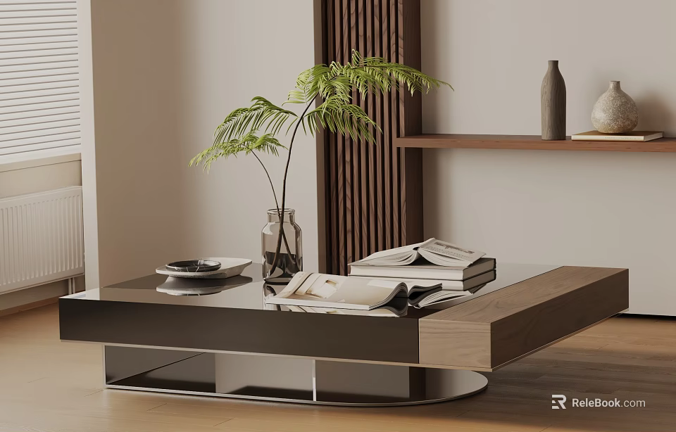 Modern Sofa And Coffee Table Set With Green Fern Vase Books Wooden Shelf And Panel 3d model 