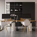 Modern Office Desk And Chair Combination With Wooden Top Metal Legs And Bookshelf