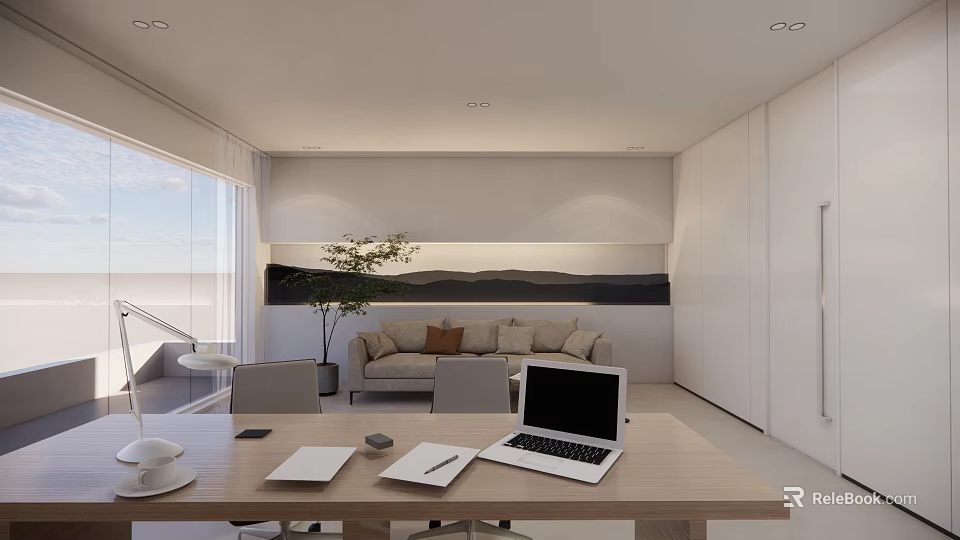Modern Office Interior With Wooden Desk Laptop Sofa Plant And Large Window 3d model 