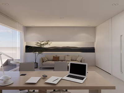 Modern Office Interior With Wooden Desk Laptop Sofa Plant And Large Window 3d model