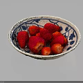 Fresh Ripe Plump Strawberries Served in Blue and White Patterned Bowl on Dark Background