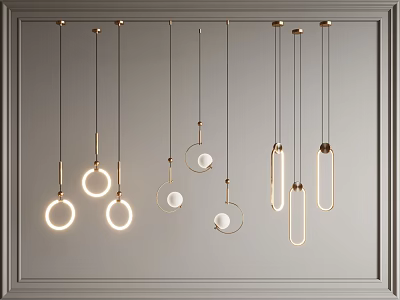 Modern Pendant Lights With Golden Frames Circular Oval Shapes And Glowing Bulbs 3d model