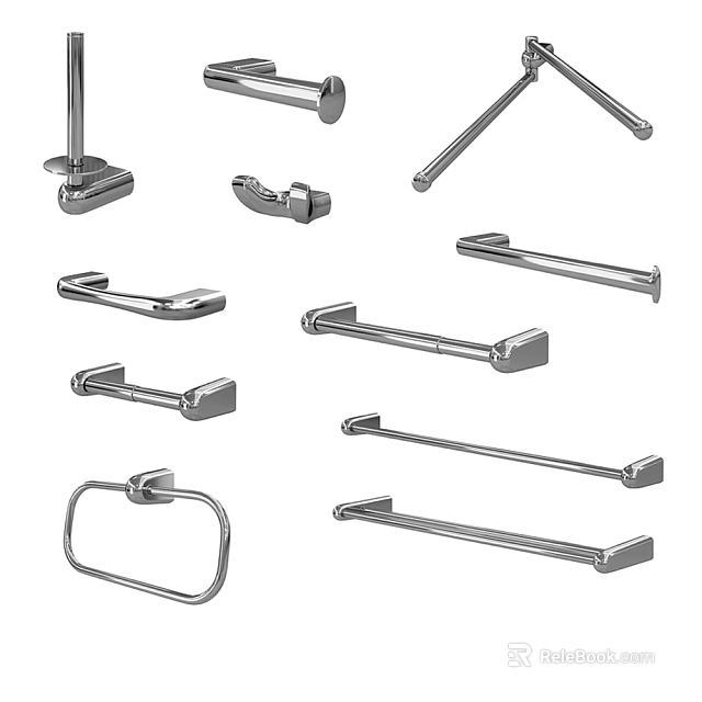 Stainless Steel Bathroom Accessories Set With Towel Bars Rings And Toilet Paper Holder 3d model 
