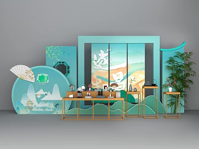 Traditional Interactive Zone With Fan Decor Tea Sets And Green Plants 3d model