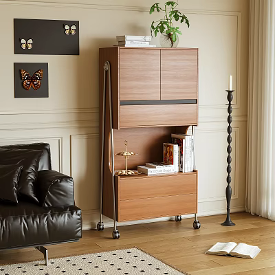 Wooden Bookcase With Drawers And Wheels Featuring Books In Living Room With Black Leather Sofa 3d model