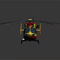 Modern Red and Yellow Helicopter Parked on Grey Background with Rotors and Landing Gear